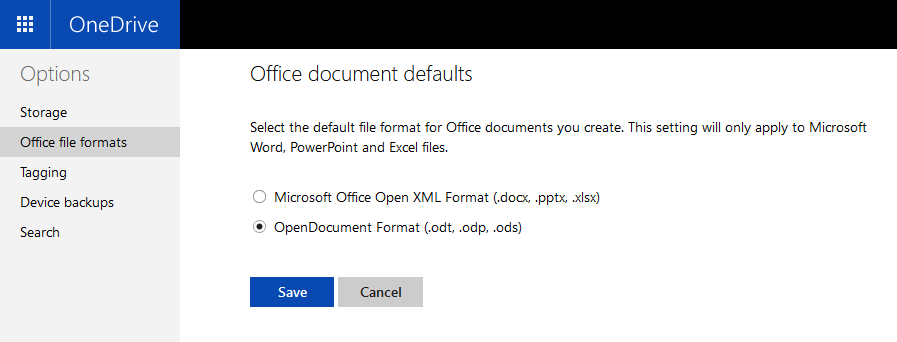OneDrive online settings to change office document format to OpenDocument