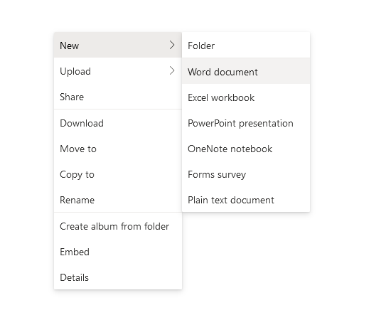 OneDrive online right click dialog showing new word document
