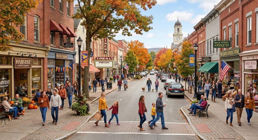 A cozy Main Street with people walking around enjoying their day.